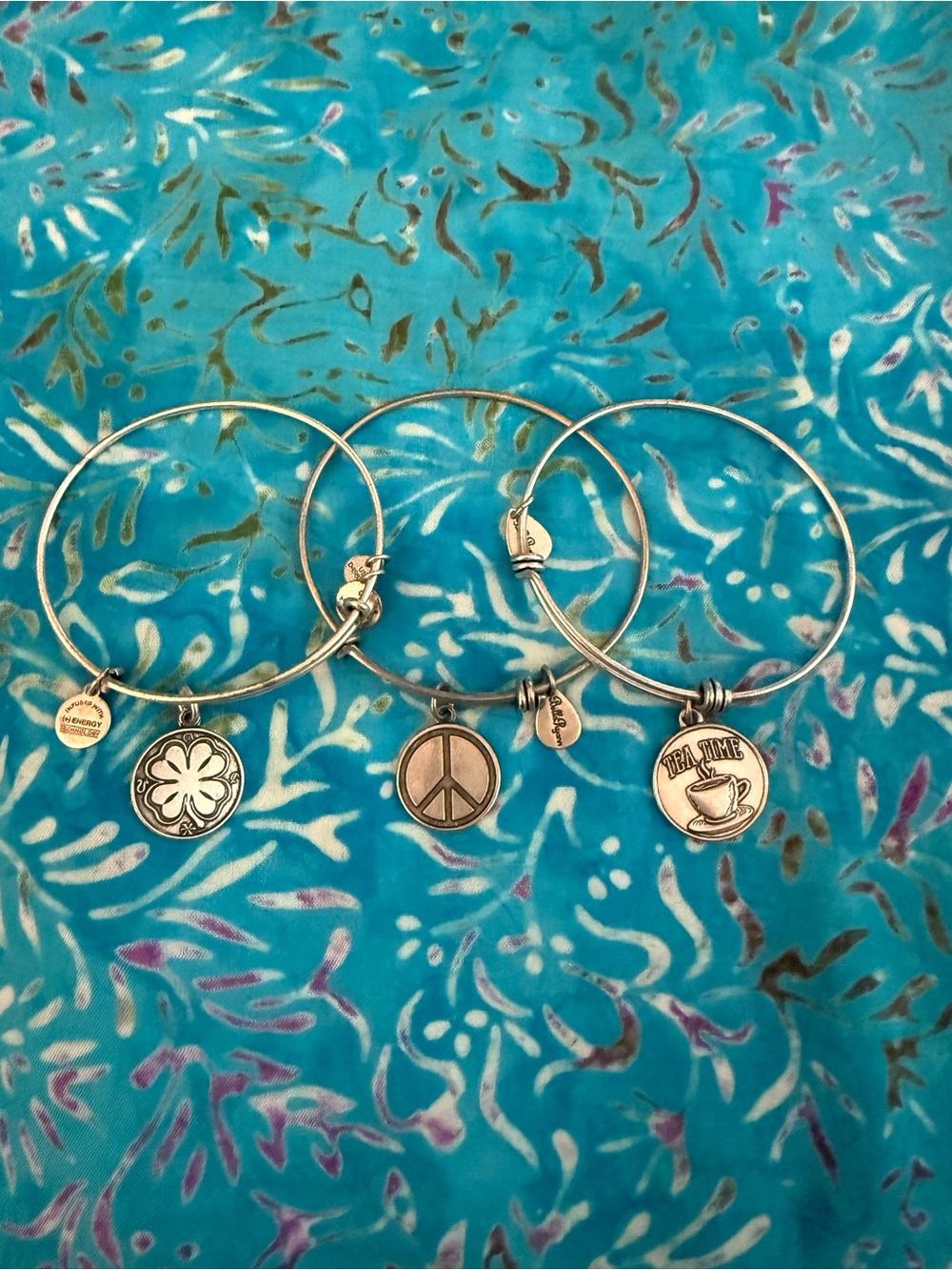 Stackable Silver-Tone Charm Bangle Bracelet Set - Teacup, Peace & Clover
